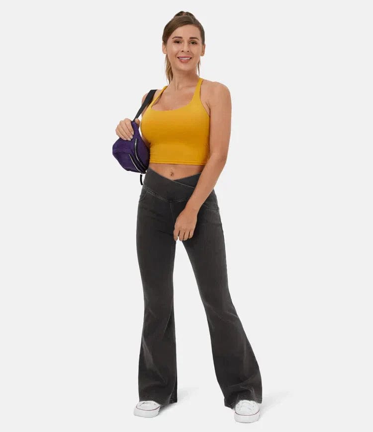 High-Waisted Crossover Flare Jeans