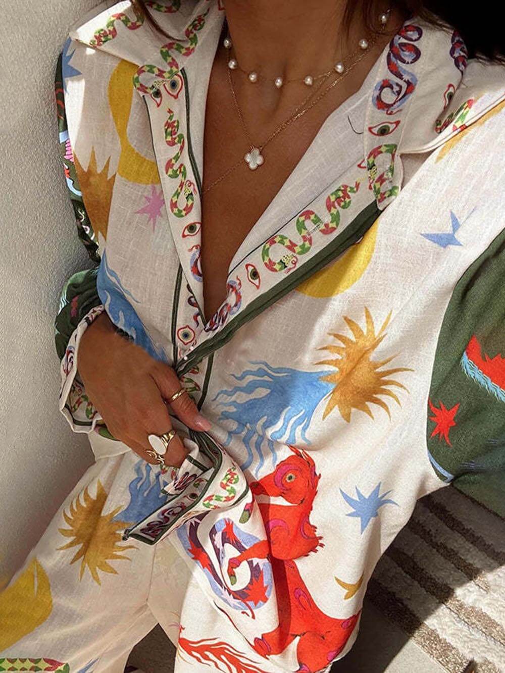 Unique printed long-sleeve shirt and elastic waist pants – Elegant set.