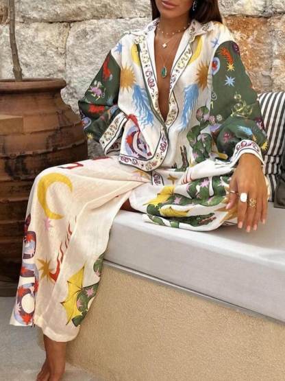 Unique printed long-sleeve shirt and elastic waist pants – Elegant set.