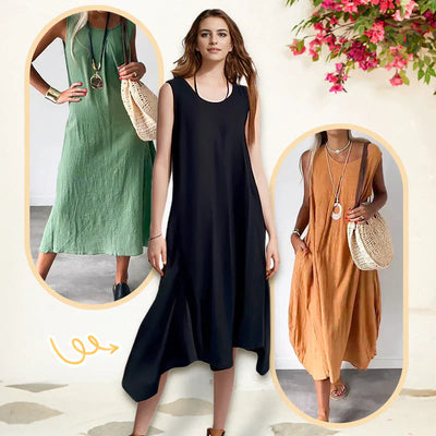 Sleeveless casual dress in cotton and linen with pocket