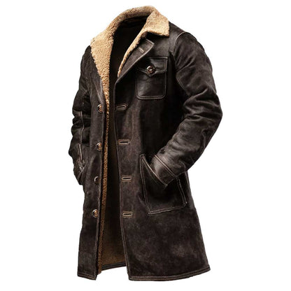 Men's Vintage Dark Brown Suede Leather Faux Fur Jacket Shearling Coat
