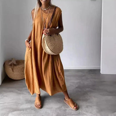 Sleeveless casual dress in cotton and linen with pocket